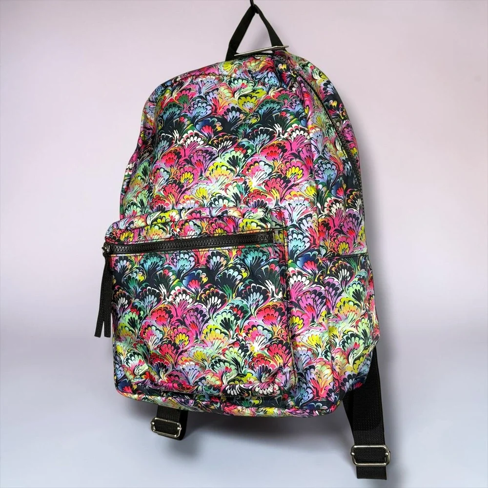 Cynthia Rowley GO Backpack Multi-Color Peacock Feather Print Travel 16 inch